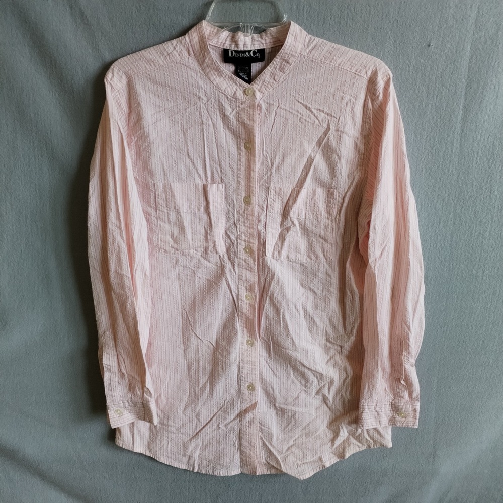 Denim & Co. Women's Medium Shirt Pink Striped Seersucker Mandarin Collar Vintage